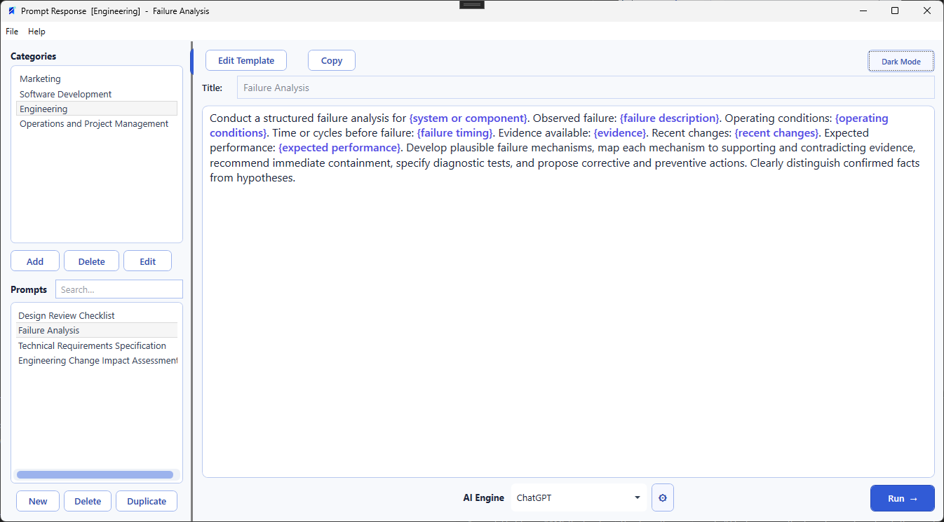 Prompt Response showing an engineering failure-analysis template in the light theme